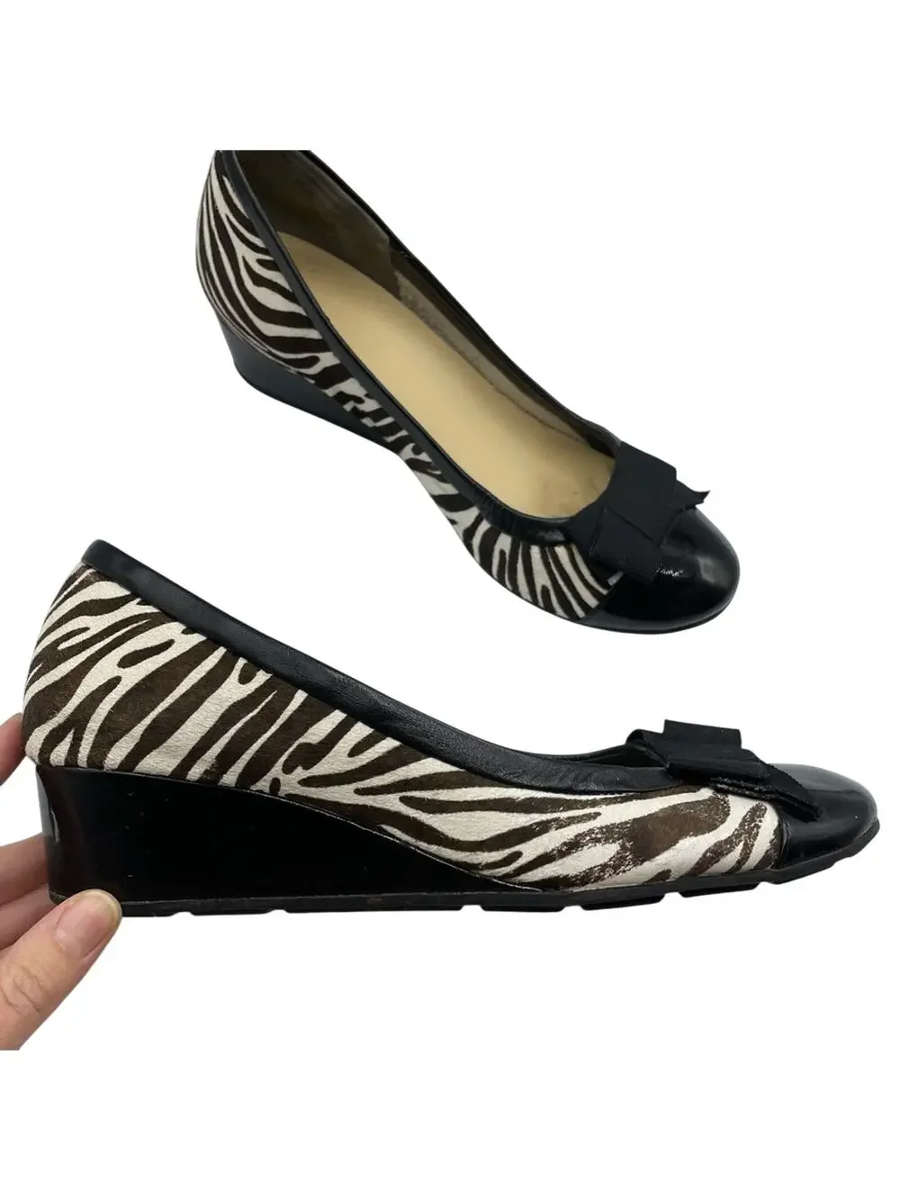 Cole Haan Black & Cream Zebra Print Calf Hair Wedges Heels Womens 8.5 Heels